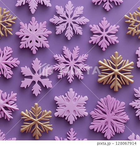 Merry Christmas, Happy New Year. Purple violet background golden white Christmas snowflakes close up 128067914
