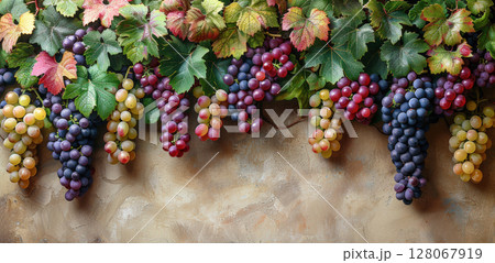 Frame from hanging bunches ripe grapes branches, leaves. Seasonal background vineyard, branch grapes 128067919