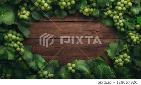 Frame from hanging bunches ripe green grapes branches. Seasonal background vineyard, branch grapes 128067920