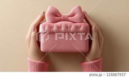 Woman hands holding pink gift satin ribbon, shopping Valentines, New Year, Mothers, Christmas 128067937
