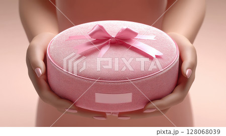 Woman hands holding pink gift satin ribbon, shopping Valentines, New Year, Mothers, Christmas 128068039