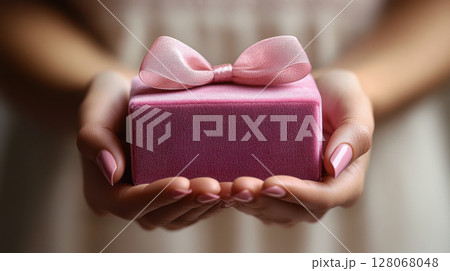 Woman hands holding pink gift satin ribbon, shopping Valentines, New Year, Mothers, Christmas 128068048
