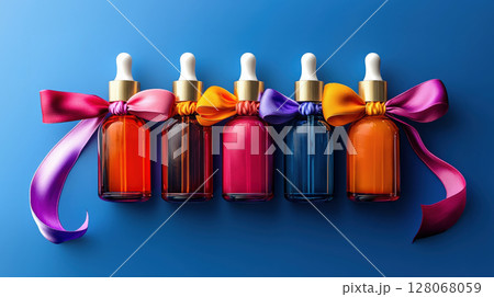 Row bottles for oil, concentrate, serum, blank brand label, multicolored satin ribbon and gold cap on blue plain background, minimalist design. Cosmetics advertising concept, mockup, place for text 128068059