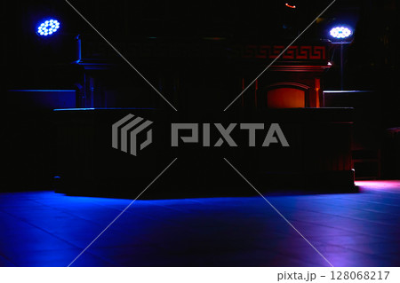 Evening relax.Dark empty dance floor in light of spotlights in nightclub 128068217