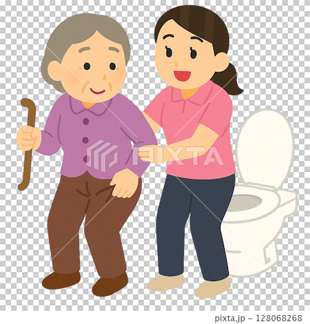 一位護理人員和一位老年婦女協助上廁所的插圖 128068268