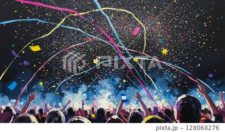 アクリル調に描写した音楽フェスの夜のクライマックス 128068276