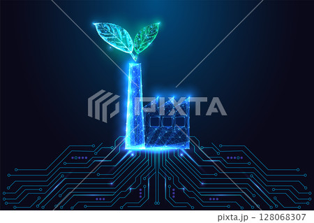 Green energy eco factory concept with sustainable leaves and digital technology integration 128068307