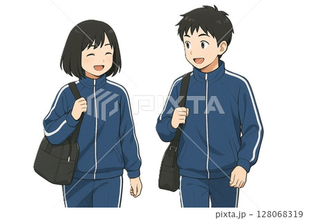 ジャージ姿で登校する中高生の男女（体操服・通学バッグ・笑顔） 128068319
