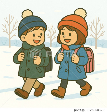 雪の朝に登校する小学生の男女（冬服・ニット帽・コート・ランドセル） 128068320