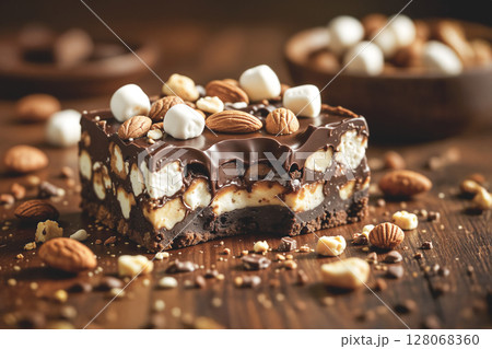 Decadent rocky road chocolate bar with almonds and marshmallows. AI generated. 128068360