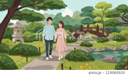 穏やかな公園を散歩する夫婦、笑顔あふれる日常風景 穏やかな公園を散歩する夫婦、笑顔あふれる日常風景 128068920