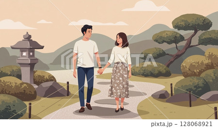 並木道を散歩するカップル、穏やかな午後のひととき 128068921