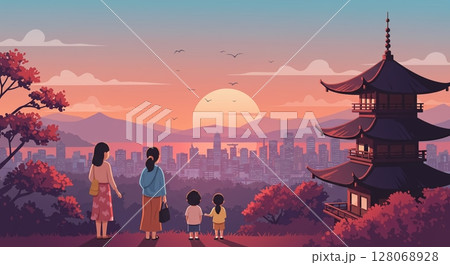 美しい夕日を背景に、家族の絆が深まる感動の瞬間 128068928