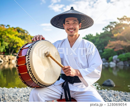 和装の男性が太鼓を奏でる(日本庭園・伝統文化) 和装の男性が太鼓を奏でる(日本庭園・伝統文化) 128069054