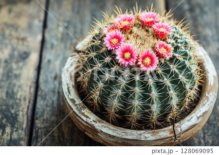 Close-up of Cactus with Pink Flowers on Wooden Desk in Desert Background Close-up of Cactus with Pink Flowers on Wooden Desk in Desert Background 128069095