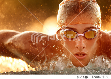 Man Swimming in Outdoor Pool During Golden Hour with Intense Focus and Athletic Precision 128069109