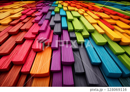 Colorful Rainbow Striped Background with Vibrant Layers of Wooden Blocks in Various Colors 128069116