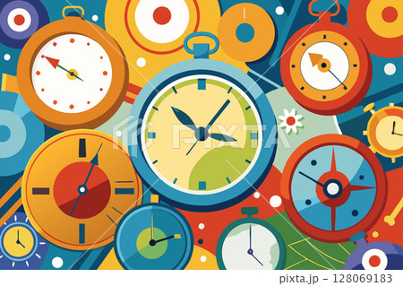 Colored time.Don't be late for work.Clocks funny background 128069183