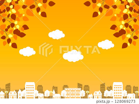 秋の黄昏時街並み背景、横、イラスト、かわいい 128069273