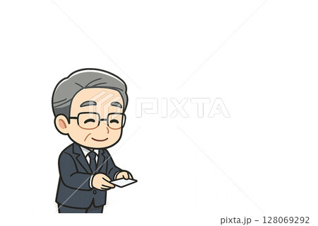 名刺交換の所作を教える男性ベテラン社員のミニキャライラスト 128069292