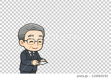 名刺交換の所作を教える男性ベテラン社員のミニキャライラスト 128069292