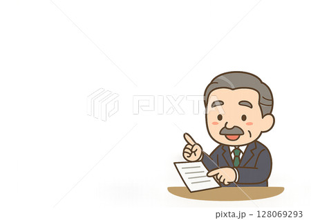 書類を指差しながら説明する男性ベテラン社員のミニキャライラスト 書類を指差しながら説明する男性ベテラン社員のミニキャライラスト 128069293