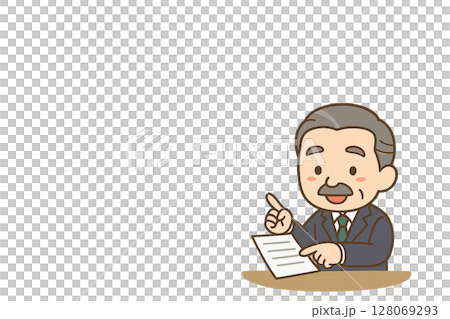 Mini character illustration of a male veteran employee pointing at a document and explaining Mini character illustration of a male veteran employee pointing at a document and explaining 128069293