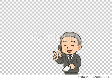 クレーム対応の電話指導をする男性ベテラン社員のミニキャライラスト 128069294