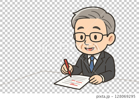 Mini character illustration of a male veteran employee giving advice while correcting with a red pen Mini character illustration of a male veteran employee giving advice while correcting with a red pen 128069295