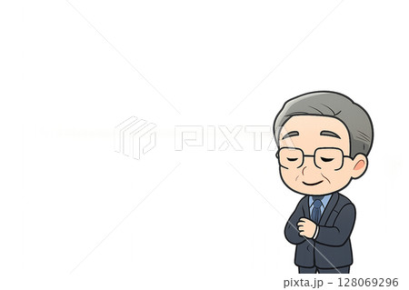 プレゼン練習を見守る男性ベテラン社員のミニキャライラスト プレゼン練習を見守る男性ベテラン社員のミニキャライラスト 128069296