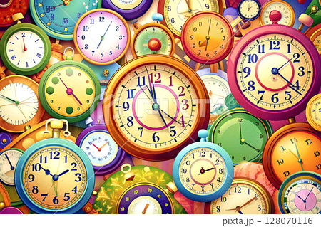 Time counting tool.Colored various clocks with hands and dials 128070116