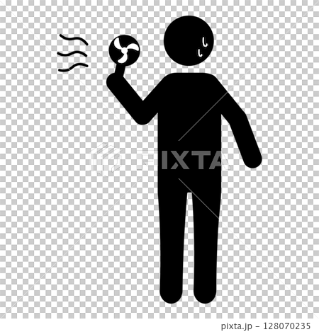 汗をかいた人物がハンディ扇風機で涼むピクトグラム 128070235