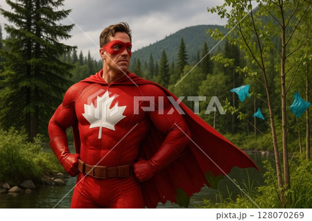 Realistic superhero in red costume with maple leaf emblem, standing in a forested Canadian landscape 128070269