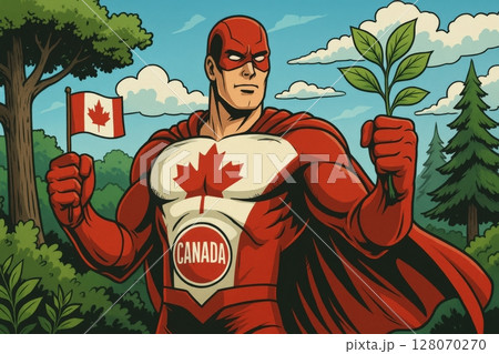 Comic style Canadian superhero holding a small plant and flag, standing in a forest 128070270