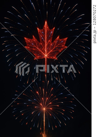 Red maple leaf shaped firework exploding in the night sky. Symbol of Canadian pride 128070272