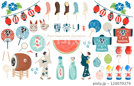 かわいい夏祭りのイラストセット 128070379