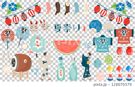 かわいい夏祭りのイラストセット 128070379