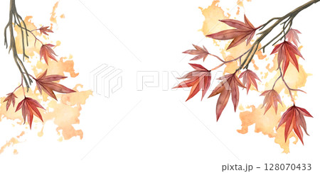 Red leaves of maple tree branch. Watercolor illustration hand drawn isolated on white background with orange watercolor spots. For design fabric, textile, prints, posters Red leaves of maple tree branch. Watercolor illustration hand drawn isolated on white background with orange watercolor spots. For design fabric, textile, prints, posters 128070433
