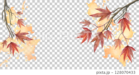 Red leaves of maple tree branch. Watercolor illustration hand drawn isolated on white background with orange watercolor spots. For design fabric, textile, prints, posters 128070433