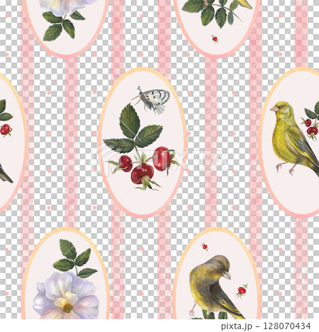 Vintage pink pattern of rose hips, leaves, branches of rose hips, white Apollo butterfly and greenfinch, vertical stripes and oval frames. Watercolor illustrations are hand drawn Vintage pink pattern of rose hips, leaves, branches of rose hips, white Apollo butterfly and greenfinch, vertical stripes and oval frames. Watercolor illustrations are hand drawn 128070434