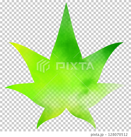 シンプルな緑の青紅葉イラスト素材　水彩風にじみ葉っぱ　初夏png 128070512