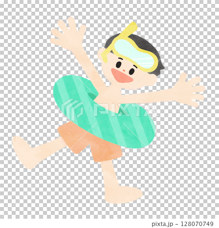 Boy in a swimsuit playing with a swim ring Summer motif Simple watercolor illustration 128070749