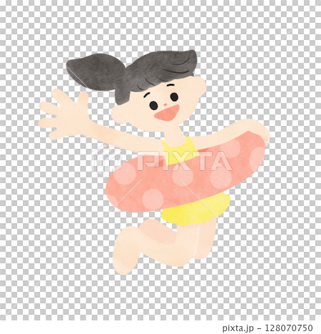 A girl in a swimsuit playing with a swim ring. Summer motif. Simple watercolor illustration 128070750
