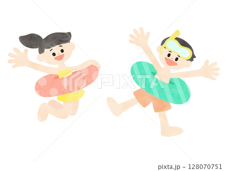 浮き輪で遊ぶ水着の子供セット　夏モチーフ　シンプルな水彩イラスト 128070751