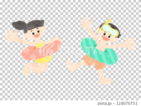 浮き輪で遊ぶ水着の子供セット　夏モチーフ　シンプルな水彩イラスト 128070751