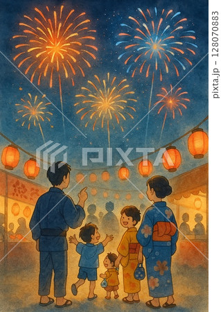 花火大会を楽しむ浴衣の家族と夏祭りの夜 128070883