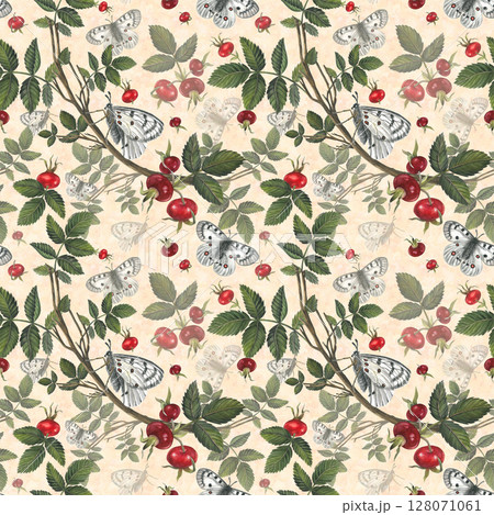 White butterfly apollo and red berries rose hips. Seamless pattern watercolor illustration on a color background for fabric, textile, prints, design White butterfly apollo and red berries rose hips. Seamless pattern watercolor illustration on a color background for fabric, textile, prints, design 128071061
