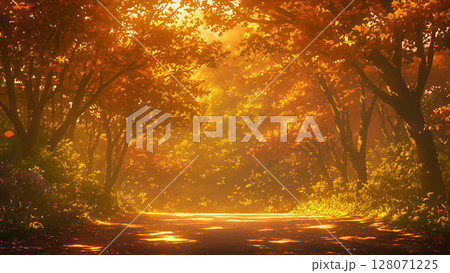 秋の森の未舗装の道の風景、アニメ風 128071225