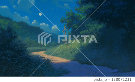 深夜の森の中の未舗装の道の風景、アニメ風 128071231