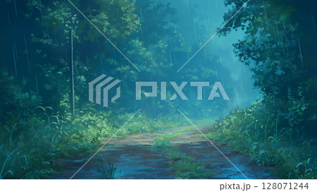 小雨が降る森の未舗装の道の風景、アニメ風 小雨が降る森の未舗装の道の風景、アニメ風 128071244